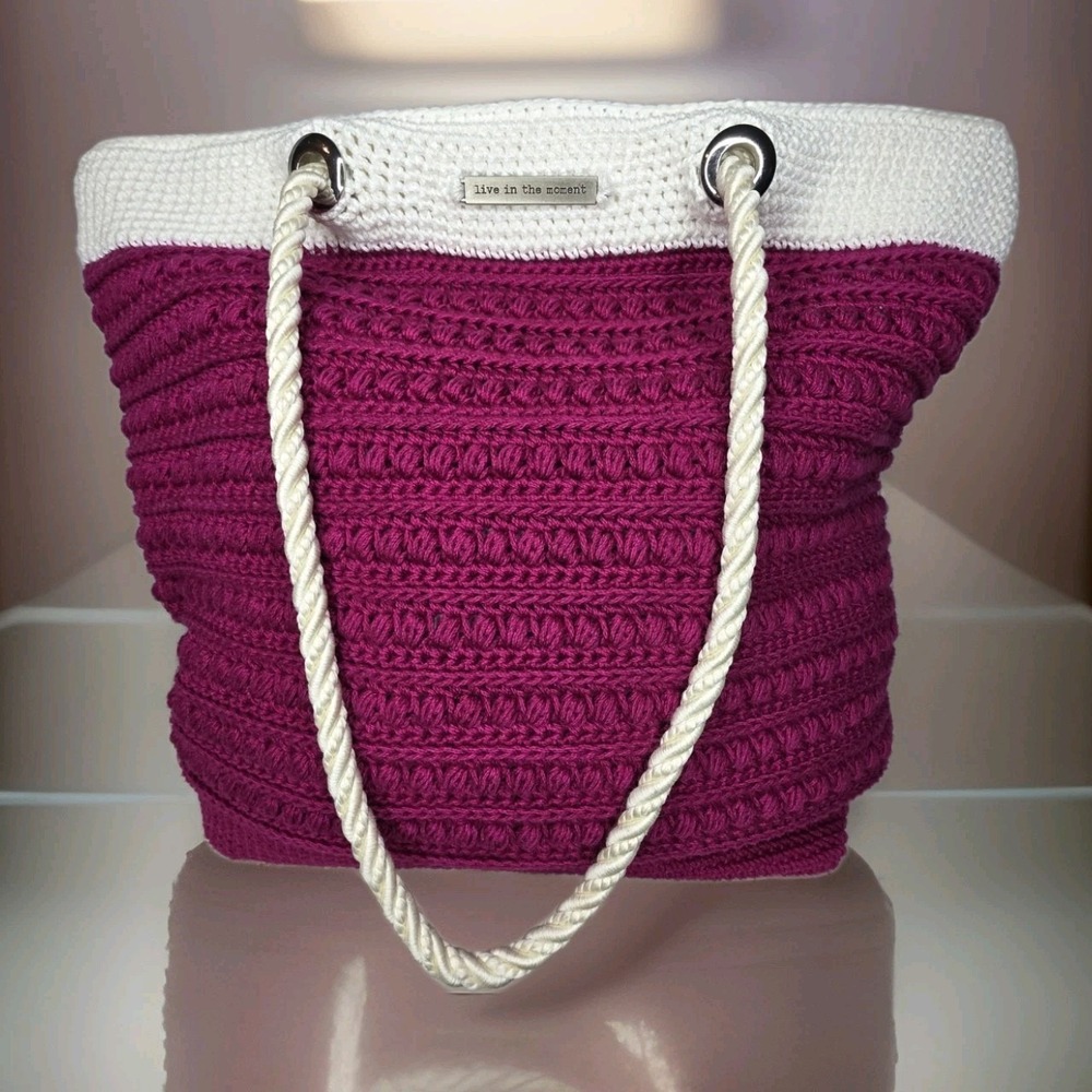 Live In The Moment Magenta White Crochet Tote Bag Rope Handle Floral Lining